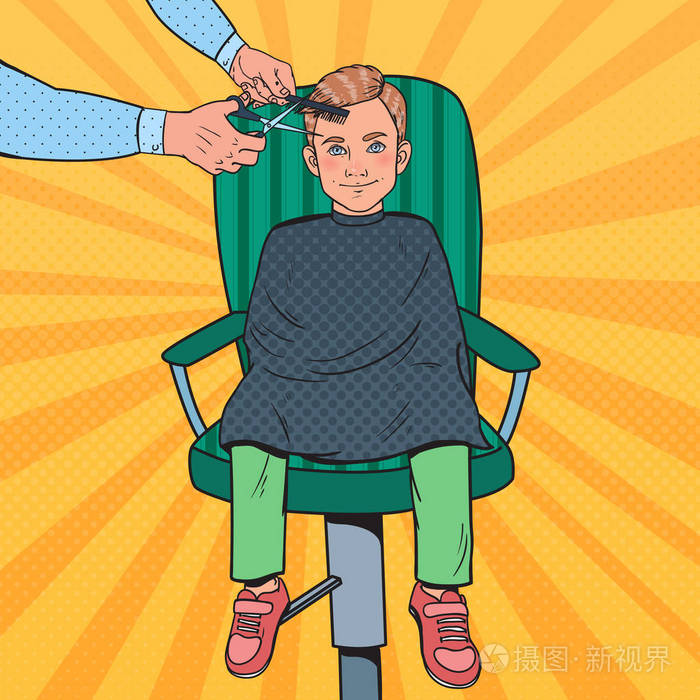 理发店里的孩子理发师剪孩子的头发.矢量插图