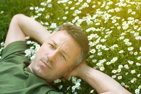 英俊快乐的中年男子躺在夏季草甸 gr