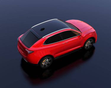金属红色电动 Suv 概念车在反光地面停车。3d 渲染图像