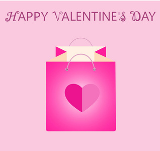 粉红色的购物袋与心脏。情人节打折优惠