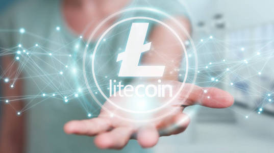 女实业家使用 litecoins cryptocurrency 3d 渲染