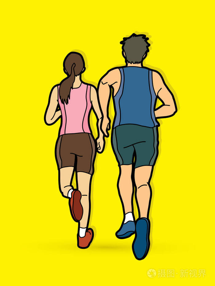 男人和女人跑在一起人跑赛跑者马拉松运行图形矢量