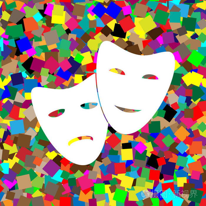 剧院图标与快乐和悲伤的面具矢量白色图标在上校