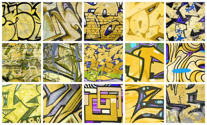 一组许多小片段的涂鸦画。街头艺术抽象背景拼贴黄色颜色