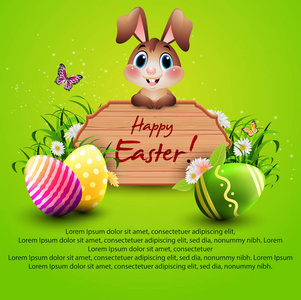 可爱的复活节兔子与木标志和五颜六色的鸡蛋在绿色背景