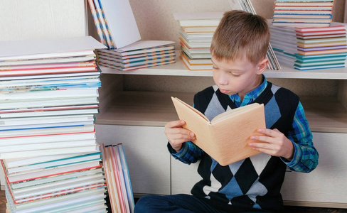七岁的男孩专心看书坐在书里