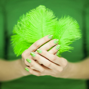 女子手捧异国情调的小鸟羽毛, 感性工作室拍摄黑色背景照片