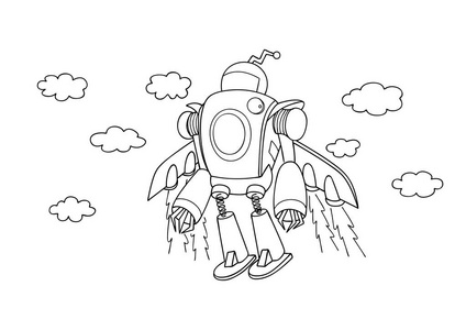 扫地机器人手绘手绘可爱的飞行机器人为设计元素和着色书页为孩子和