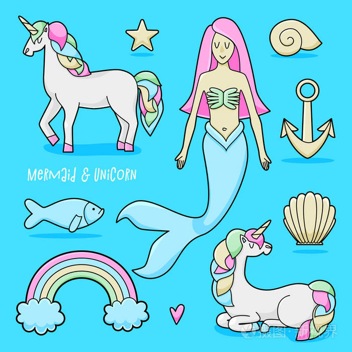 彩色独角兽和美人鱼在蓝色背景下的矢量插画设计