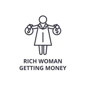 有钱女人得到钱细线图标符号符号插画线性概念向量