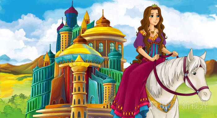 卡通场景与快乐的年轻女孩公主在马附近的城堡插图儿童