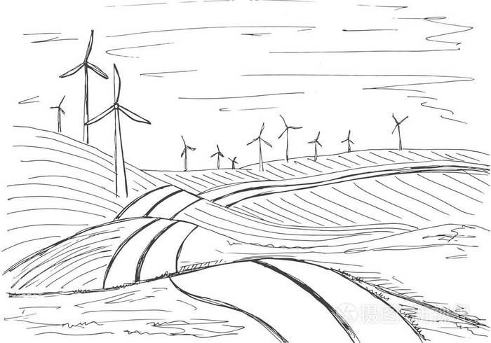 插画 在山的背景手绘风车.草图样式的矢量插图.eps