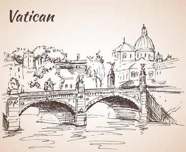 梵蒂冈城。素描与桥梁。意大利