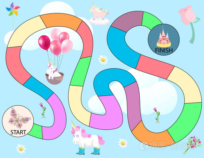 与城堡花卉和独角兽的棋盘游戏矢量插图学前幼稚园工作表