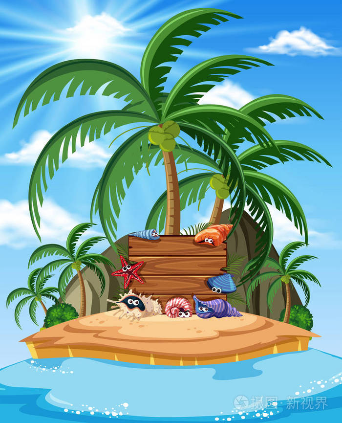 带有贝类旗帜的岛屿