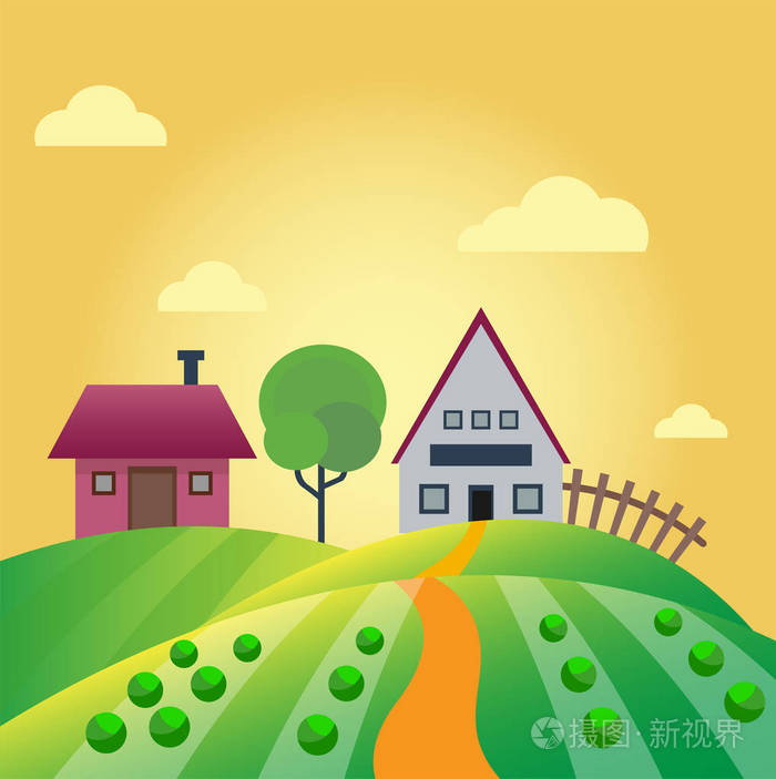 农用农业横幅农村景观产品老谷仓和领域卡通矢量插图