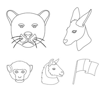 袋鼠 驼羊 猴 豹，写实的动物在大纲样式矢量符号股票图 web 设置集合图标