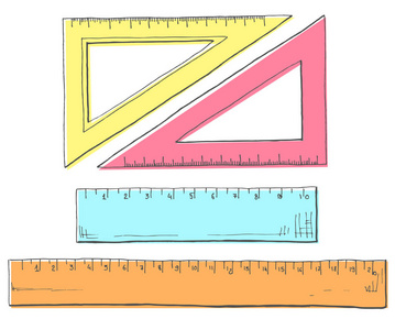 手画了一组标尺和三角形。草图样式的矢量插图