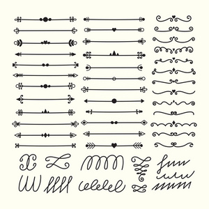 线条边框和分隔线。手绘书法设计元素。涂鸦风格的装饰符号集