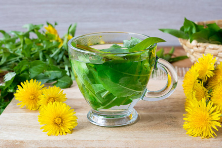 一杯蒲公英茶, 有新鲜的叶子和花朵