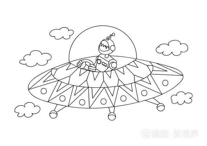 插画 手绘可爱的机器人驾驶宇宙飞船为设计元素和着色书页为孩子和