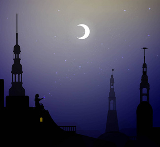 仰望城市年轻的仙女女孩坐着仰望夜空, 把星星放在城市的天空, 夜的