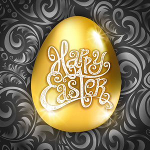 矢量快乐复活节贺卡与鸡蛋。宗教节日插图金色和黑色海报, 传单
