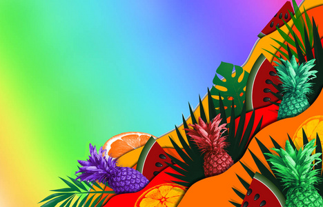 带水果的海报。水果背景菠萝, 西瓜