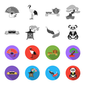 寿司, 锦鲤鱼, 日本灯笼, 熊猫。日本集合图标在单色, 平面式矢量符号股票插画网站