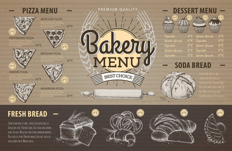 老式纸板烘焙菜单设计。餐厅菜单