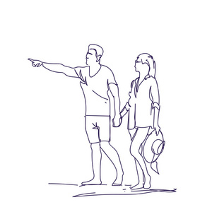 素描夫妇走牵手涂鸦男人和女人的白色背景