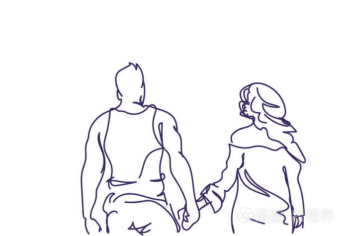 涂鸦夫妇走牵手后视图素描男人和女人的白色背景插画