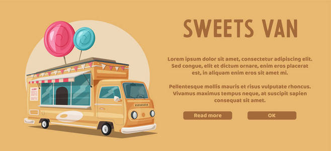 复古街食品面包车。老式糖果和糖果卡车。卡通矢量插画