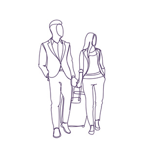 商务男人和女人步行与手提箱一起旅行剪影剪影