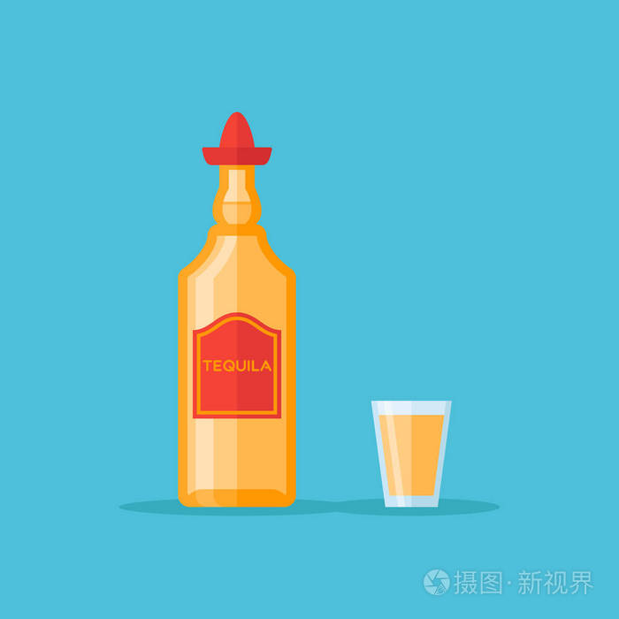 瓶和杯龙舌兰酒平面式矢量插图