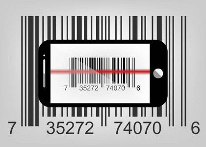 智能手机图标, 带有带有红色激光的扫描图标的示例条码, 矢量插图隔离
