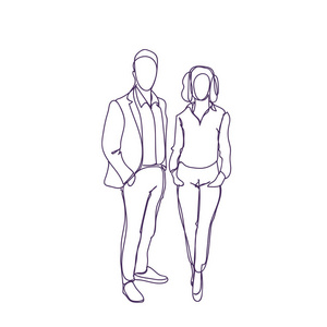 成功的商业男人和女人夫妇涂鸦男性和女性剪影白色背景
