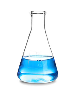 白色背景蓝色液体实验室玻璃器皿