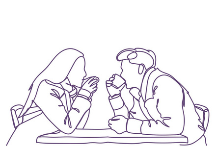 剪影夫妇坐在咖啡馆桌喝咖啡或茶, 涂鸦人和妇女约会白色背景
