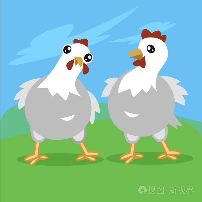 蓝色天空和绿色草背景的二个滑稽的鸡例证