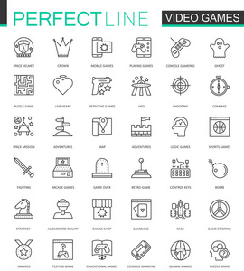 视频游戏薄线 web 图标集。手机游戏应用程序界面轮廓描边的图标设计