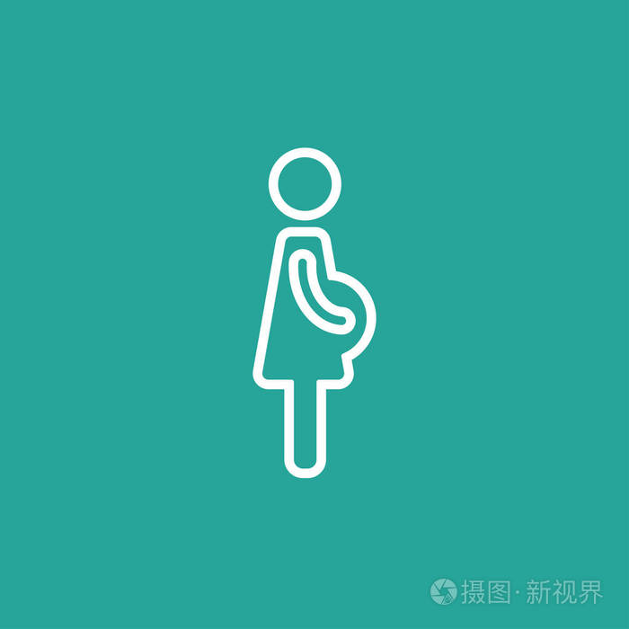 白色剪影的孕妇穿着衣服隔离在绿松石背景.平面图标被隔离