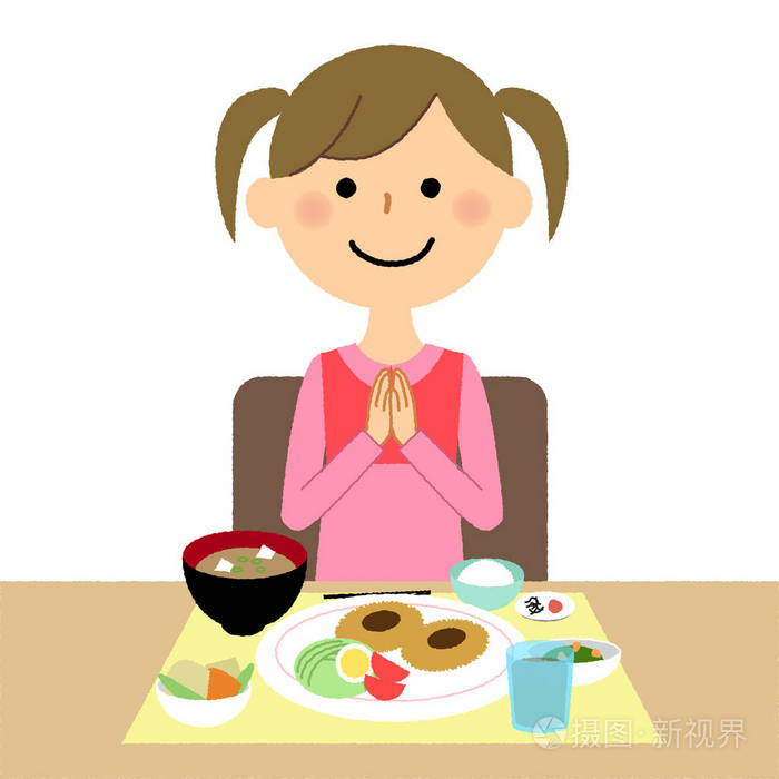 丫头, 我们吃吧/这是一个女孩谁开始吃饭的例证