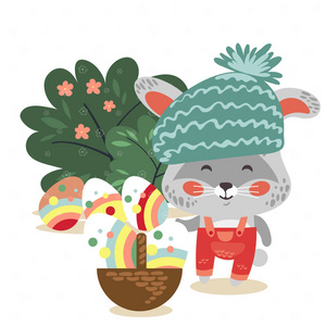 复活节小兔子在帽子和工作服拿着大篮子装饰鸡蛋, 孤立物品兔与耳朵狩猎鸡蛋, 矢量插画卡
