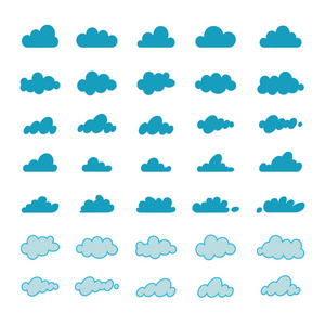 一套卡通的云彩, 在蓝天背景下隔绝, Cloudscape。矢量图标插图图画的集合。网页设计