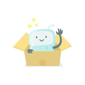 惊喜的图片可爱机器人玩具在盒子里.可爱的小新 emoji 表情贴纸图标.