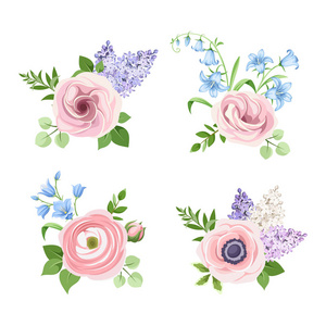 白色背景上的粉红色蓝色和紫色花朵的矢量集