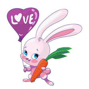 可爱的粉红色兔子胡萝卜和一个气球与题词