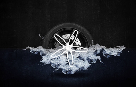 3d 渲染, 赛车车轮与刹车盘在蓝色的水与飞溅水的黑色水泥墙背景