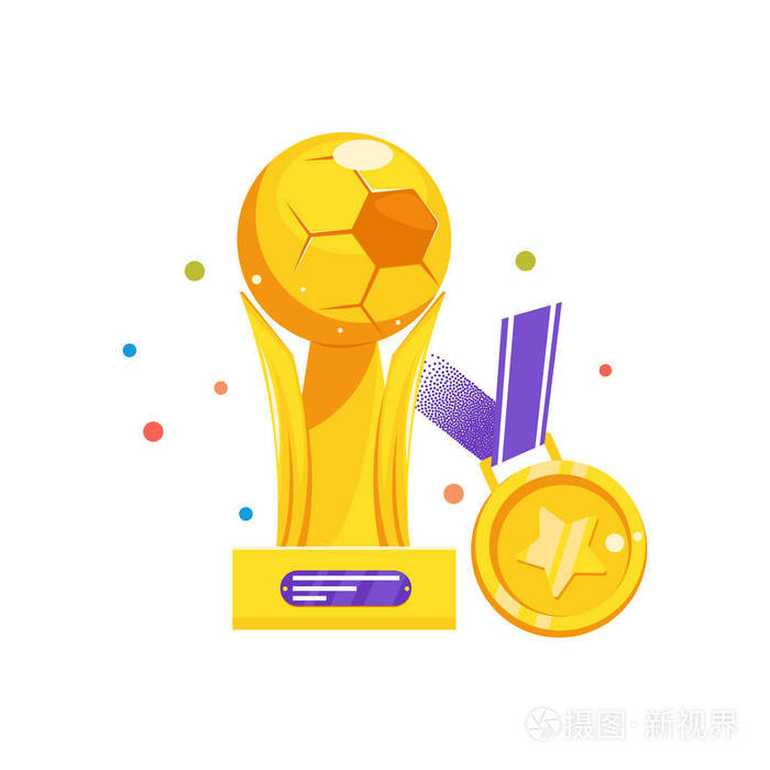 赢得足球比赛的奖杯和奖章.金黄球胜利